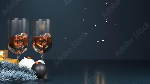 3D Render Of Ice Cubes Inside Wine Glasses With Baubles, Fir Leaves And Copy Space On Blue Background. © Abdul Qaiyoom