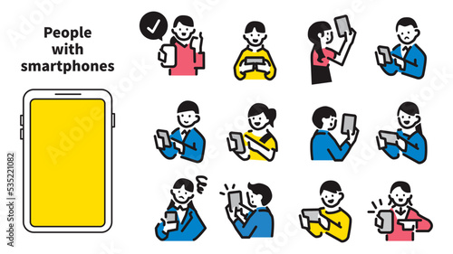 スマートフォンで様々な仕草をする人々の、シンプルなイラストセット