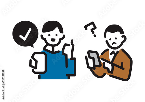 スマートフォンを持ってサムズアップする男性と、不満げな男性2人のシンプルイラスト