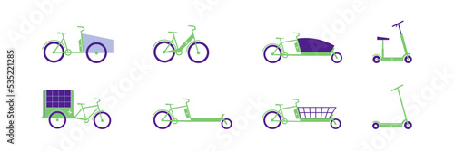 Electric vehicles set. Electric bike, cargo bike, scooter. Flat vector illustration