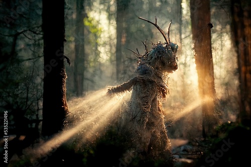 Alien Creature of the woods scene 3D illustration with dramatic lighting in a front position reflecting the cultural heritage of another world photo