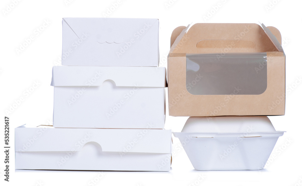 Empty confectionery boxes for cupcake cakes on white background isolation Empty confectionery boxes for cupcake cakes on white background isolation