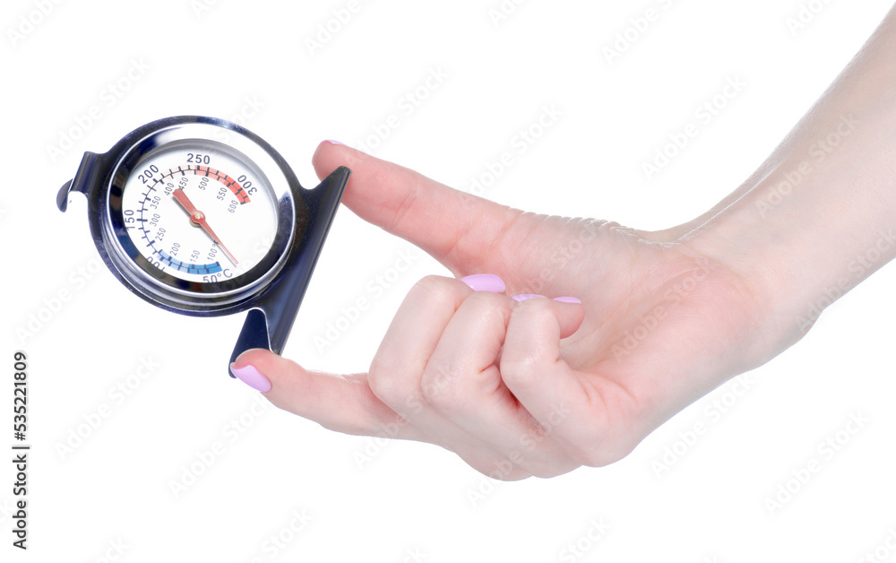 metal thermometer for oven in hand on white background isolation metal thermometer for oven in hand on white background isolation