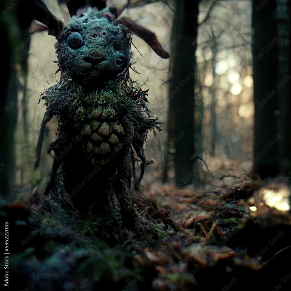 Obraz premium Alien Creature of the woods scene 3D illustration with dramatic lighting in a front position reflecting the cultural heritage of another world