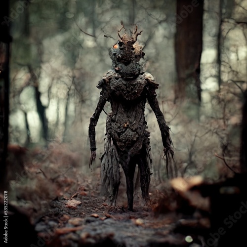 Alien Creature of the woods scene 3D illustration with dramatic lighting in a front position reflecting the cultural heritage of another world © Ecleposs