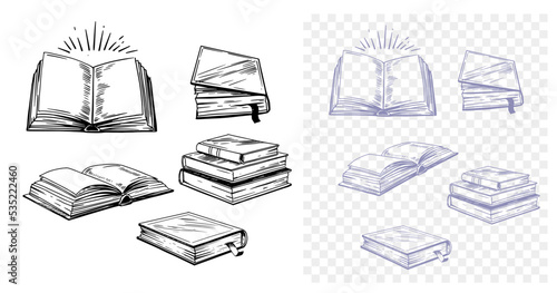 Books set, hand drawn vector sketch