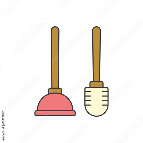 Brush and plunger toilet icon in color, isolated on white background 