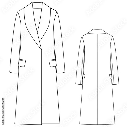 Wool coat vector illustration isolated on white background, front and back view. Technical drawing for fashion design