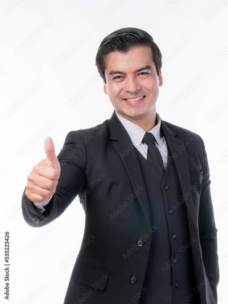 Portrait working Asian business handsome man ware suit giving a thumb up hand on white background with copy space - business concept Portrait working Asian business handsome man ware suit giving a thumb up hand on white background with copy space - business concept