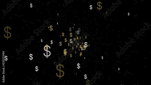 Flying through US dollar signs in particle space with stars. Moving from center, night sky. Yellow and white color, black background.