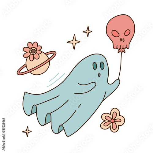 Floral spooky ghost in white sheet holding skull balloon isolated on white. Classic Halloween icon groovy boho print for postcard or tee shirt design. Linear hand drawn vector illustration.