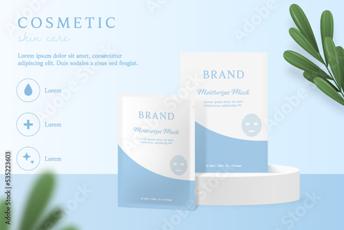 Cosmetics and mask ads template on blue background with leaves.