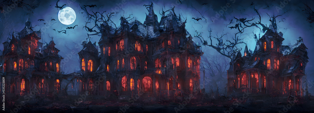 Haunted House. Creepy Atmosphere for Halloween. Fog, Moon light. Illuminated windows. Banner header size