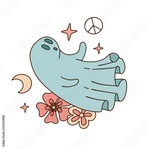 Retro 70s 60s Hippie Groovy Halloween white sheet spook isolated on white. Flying ghost with Flowers. Peace sign print for T-shirt design. Linear hand drawn vector illustration.