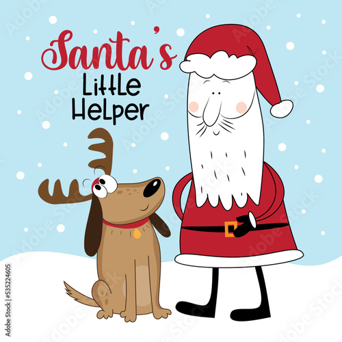 Santa's little helper - cute dog in reindeer antlen and Santa Claus. Hand drawn vector illustration for Christmas.