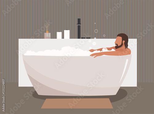 Man taking bath in modern bathroom. Cartoon flat illustration. Take bath, relaxing at home, body care concept. Man having bath, sitting in bathtub with foam and bubbles