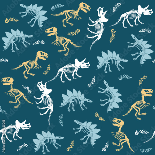 Seamless vector pattern with dinosaur skeleton. 