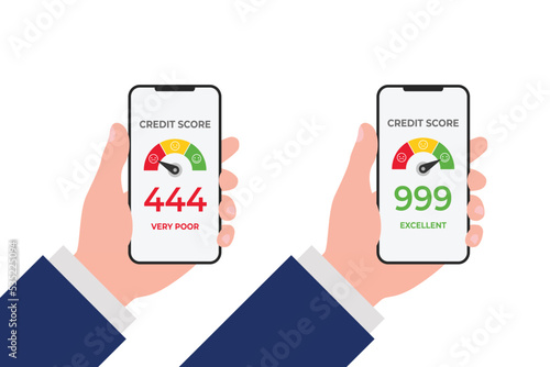 Vector of Hands holding smartphone with credit score app on the screen in flat style with different level bad and good isolated on white background