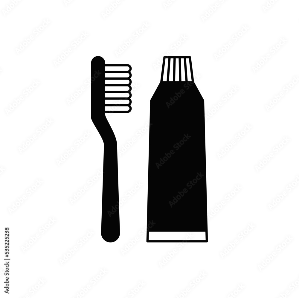 Fototapeta premium brush and toothpaste icon in black flat glyph, filled style isolated on white background