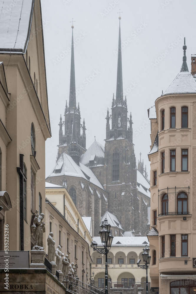 Cathedral of Saints Peter and Paul with snow in winter in Brno.