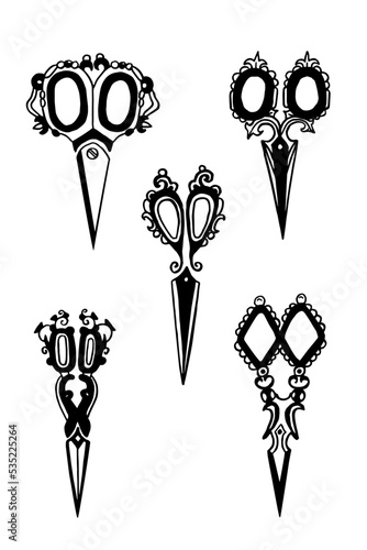 Antique scissors vector silhouettes. Collection of vintage accessories.