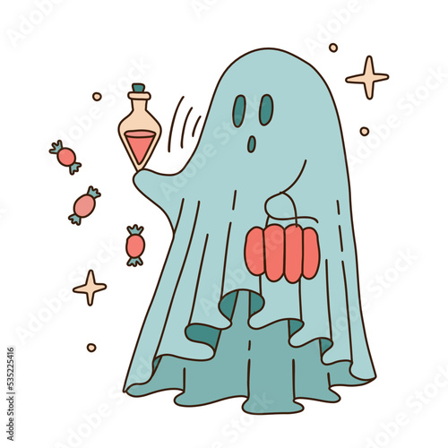 Retro 70s 60s Hippie Groovy Halloween Ghost collecting candies. The white sheet spook is holding a vial of potion. Linear boho aesthetic hand drawn vector illustration.