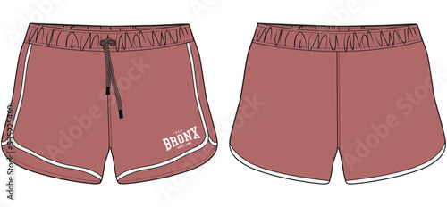 drawstring shorts womens elastic waist bermuda shorts, short sports beach pant flat sketch vector illustration. front and back view technical drawing template. cad mockup.