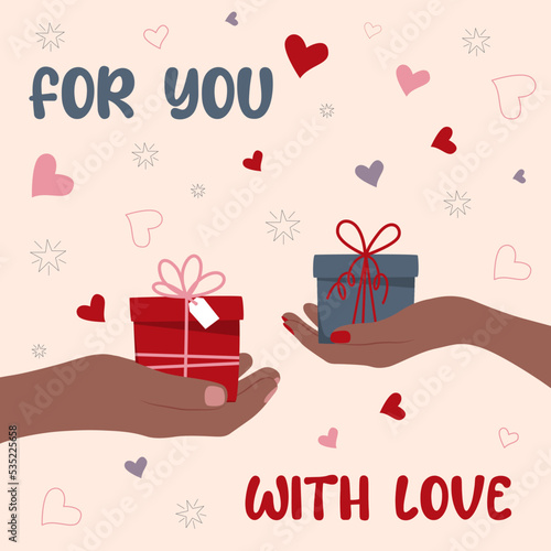 Wallpaper Mural Greeting card with dark-skinned hands holding gift boxes. Vector illustration on a pink background with hearts and with the text "for you" and "with love". Ideal for postcards, banners, posters, etc. Torontodigital.ca