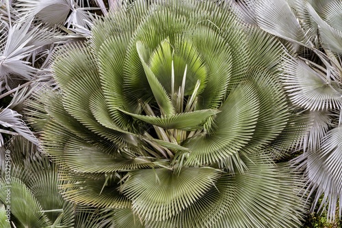 Singapore, July 24, 2022 - Fancy Copernicia fan tree from above. photo