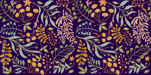 Forest flowers and foliage seamless pattern, various leaves and flowers in green on a dark black background. Herbal print collection. Creative design. Hand-drawn vector illustration.