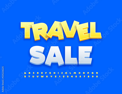 Vector marketing banner Travel Sale. Yellow funny Font. Modern set of Alphabet Letters and Numbers