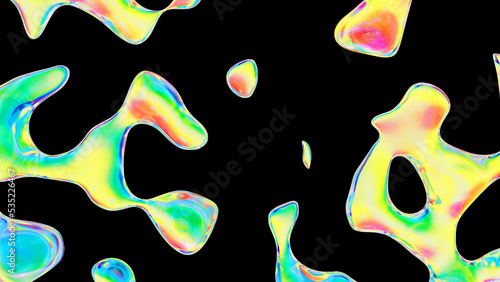 Fluid color glass drops y2k background. Holographic dynamic iridescent retrowave liquid forms. 3d render illustration photo