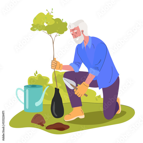 White old man gardening. Grandfather planting gardens vegetables, agriculture gardener hobby plants at home and outdoor. Vector illustrations. Farm concept.