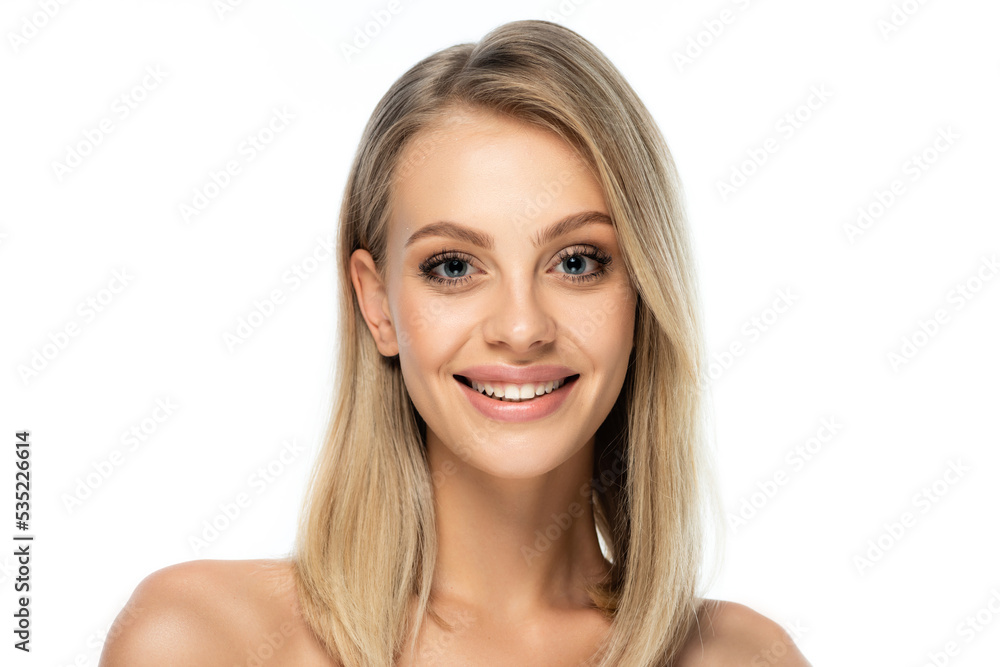 portrait of happy young woman with natural makeup and bare shoulders looking at camera isolated on white. portrait of happy young woman with natural makeup and bare shoulders looking at camera isolated on white.