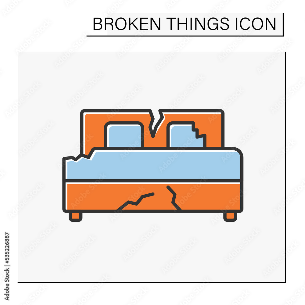 Bed color icon. Destroyed furniture in bedroom. Smashed bed. Vandalism, chaos. Broken things concept. Isolated vector illustration Bed color icon. Destroyed furniture in bedroom. Smashed bed. Vandalism, chaos. Broken things concept. Isolated vector illustration