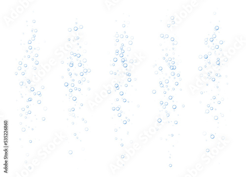 Underwater fizzing bubbles, soda or champagne carbonated drink, sparkling water isolated on white background. Effervescent drink. Aquarium, sea, ocean bubbles vector illustration.