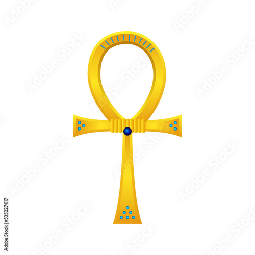 Golden ancient ankh cross. Mystical talisman with blue gems religious egyptian symbol symbolizing immortality and protection from vector evil