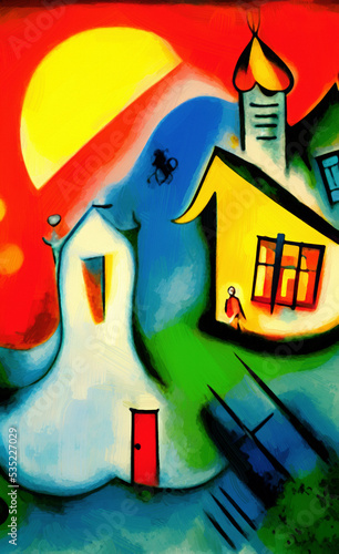 Digital painting burning house - cubism  surrealism and expressionism mixed style. Creative art poster  canvas. Print design cards  souvenirs  commercial. Graphic drawing with oil and pastel imitation
