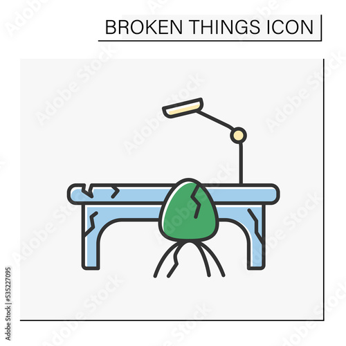 Furniture color icon. Smashed workplace. Destroyed desk, lamp and chair. Vandalism in office. Broken things concept. Isolated vector illustration
