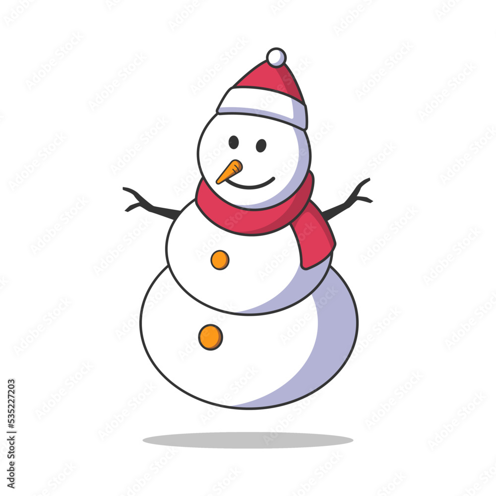 Cute snowman isolated design on white background. Happy Christmas. Cute cartoon snowy character. Vector illustration