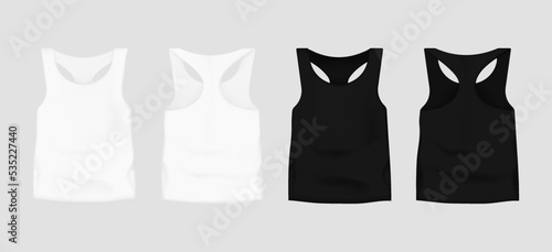Sleeveless white and black tshirt front and back view mockup. Designer casual wear for men and women for sports and casual vector wear