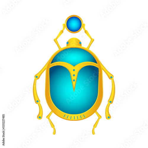 Blue scarab with golden paws. Mythical egyptian insect holding disc with gems antiquity religious vector talisman