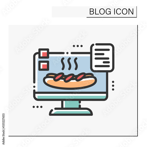 Food blog color icon. Culinary blogging. Food hunter review. Cooking receipts blog. Thematic internet community. Social media. Blogging and broadcasting. Isolated vector illustration