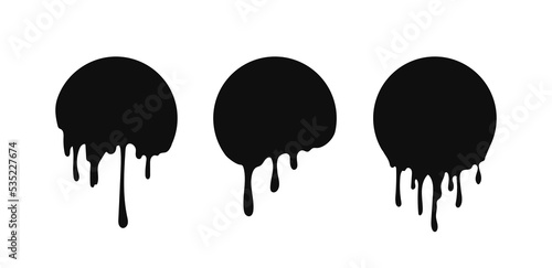 Black dripping stickers icon set. Round melted blot with texture ink lines for creative label vector design