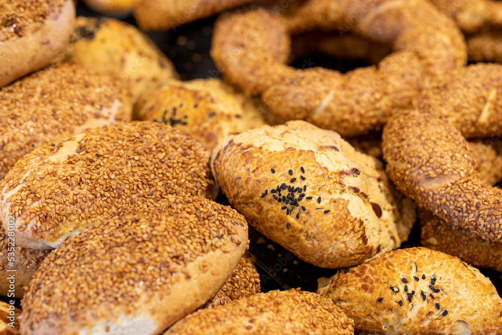 Traditional Turkish pastry concept, pogaca, bagel, simit. close up Traditional Turkish pastry concept, pogaca, bagel, simit. close up