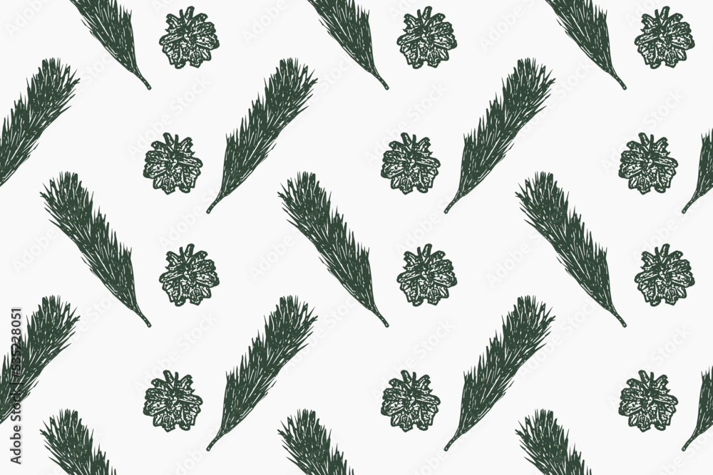 Fototapeta premium Vector Vintage boho pattern seamless pine cone. Vintage pattern cone nature Green pine brunch