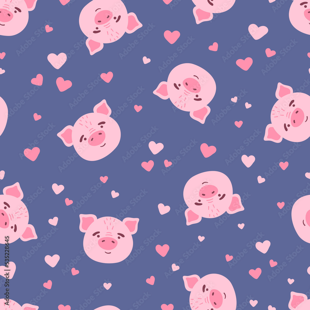 Cute kawaii pink pig face head and hearts vector seamless pattern. Farm animal flat cartoon texture for nursery, card, poster, fabric, textile. Cute kawaii pink pig face head and hearts vector seamless pattern. Farm animal flat cartoon texture for nursery, card, poster, fabric, textile.