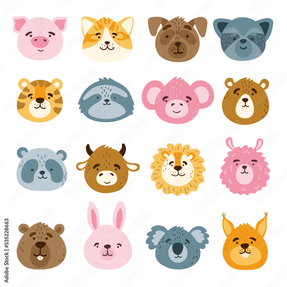 Fototapeta premium Collection of cute funny animal faces, heads. Set of various cartoon isolated muzzles. Vector illustration for print on children's clothing, greeting cards, nursery, stickers, stationery, room decor