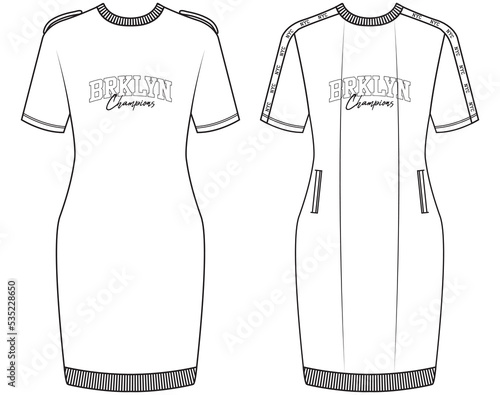womens t shirt dress fashion flat sketch vector illustration.
