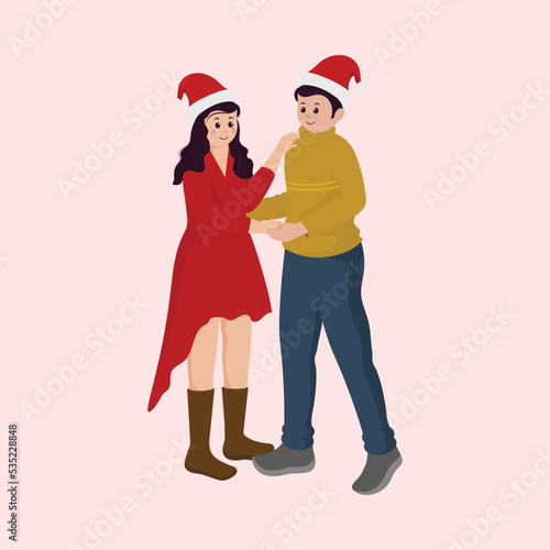 Young Couple Performing Dance With Wear Santa Cap On Pink Background.